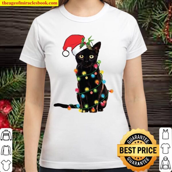 Santa Black Cat Tangled Up In Christmas Tree Lights Christmas Sweatshi Classic Women T-Shirt
