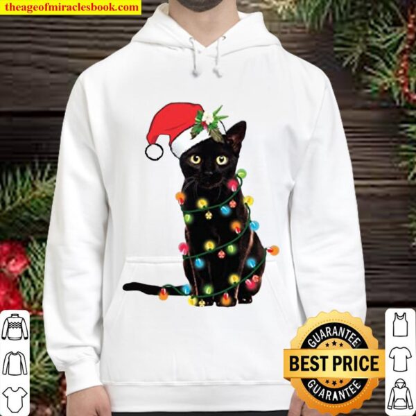 Santa Black Cat Tangled Up In Christmas Tree Lights Christmas Sweatshi Hoodie