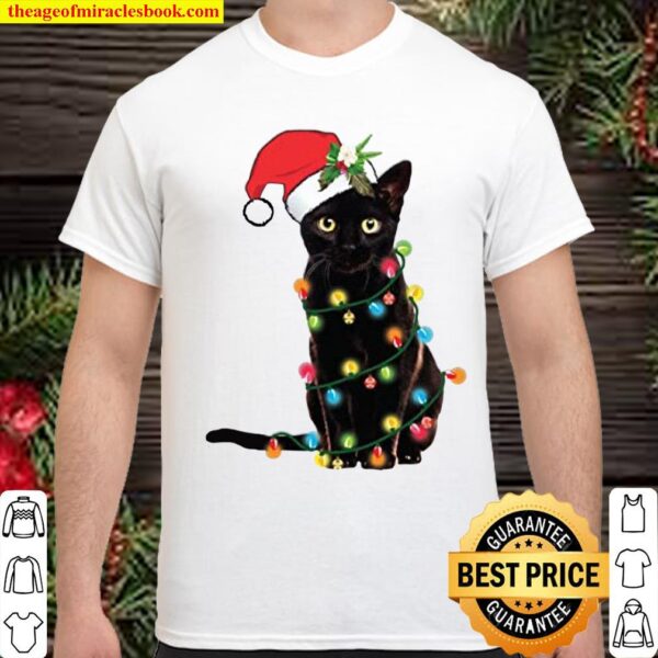 Santa Black Cat Tangled Up In Christmas Tree Lights Christmas Sweatshi Shirt