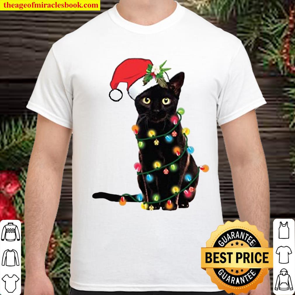 Santa Black Cat Tangled Up In Christmas Tree Lights Christmas Sweatshirt Christmas Jumper , Cat lover, funny Christmas sweater with cat