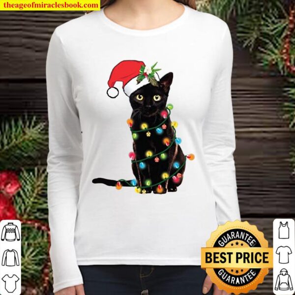 Santa Black Cat Tangled Up In Christmas Tree Lights Christmas Sweatshi Women Long Sleeved