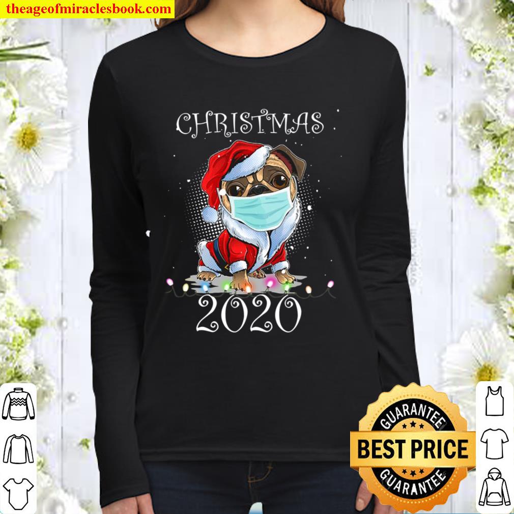 Santa Pug With Face Mask Christmas 2020 Family Pajamas Xmas Women Long Sleeved