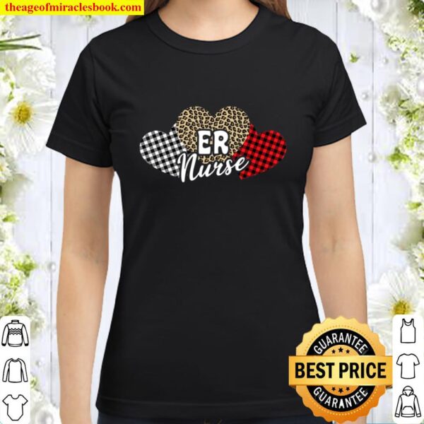 Three Hearts Leopard Buffalo Plaid Er Nurse Valentine’s Day Classic Women T-Shirt