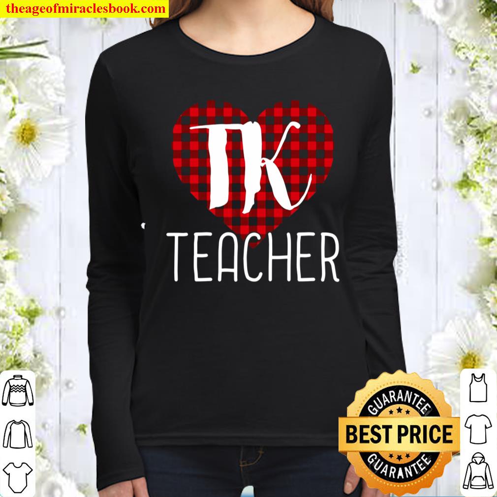 Tk Teacher Valentine’s Day Buffalo Plaid Heart Tee Women Long Sleeved