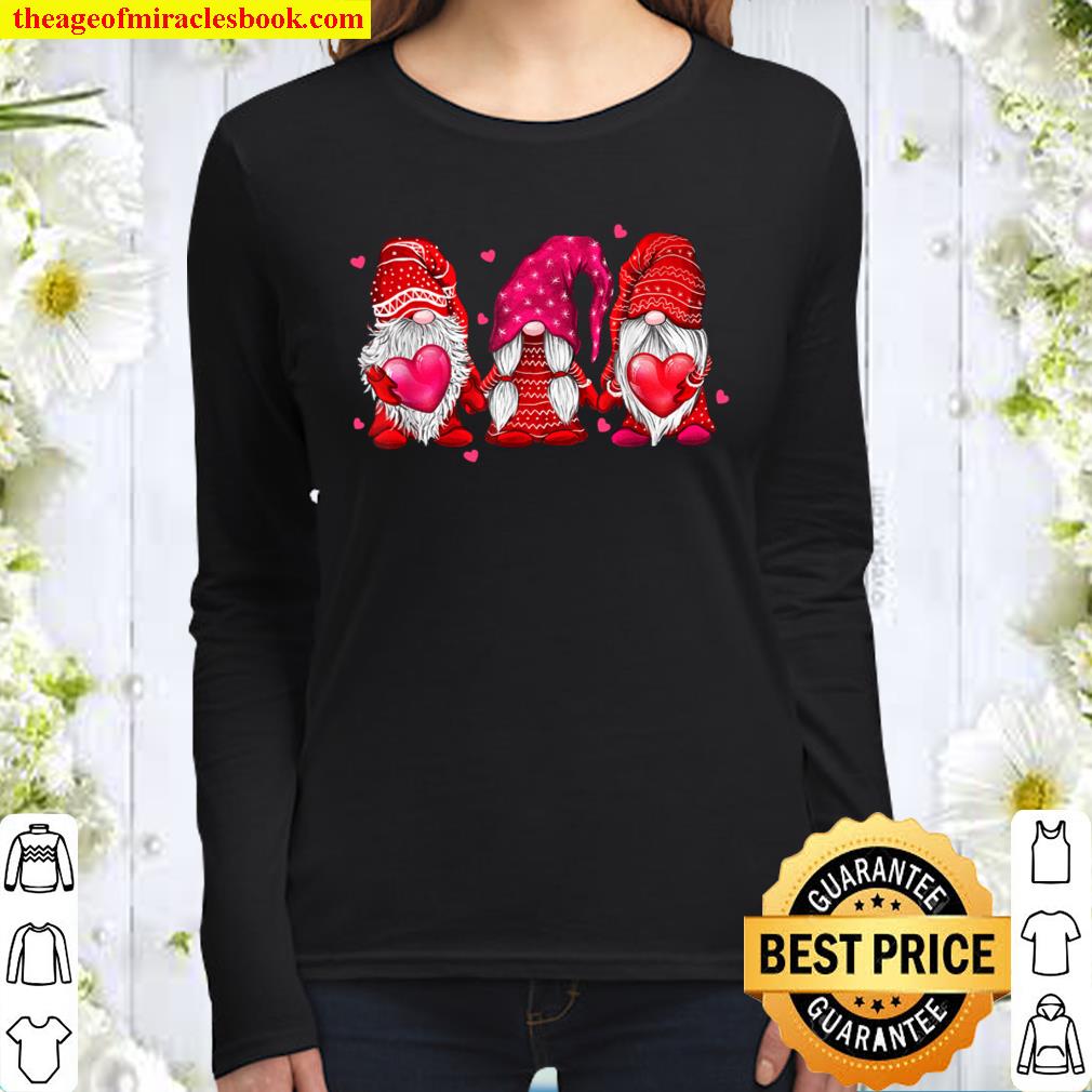 Valentine Gnomes Funny Red Gnomes Holding Valentines Hearts Women Long Sleeved
