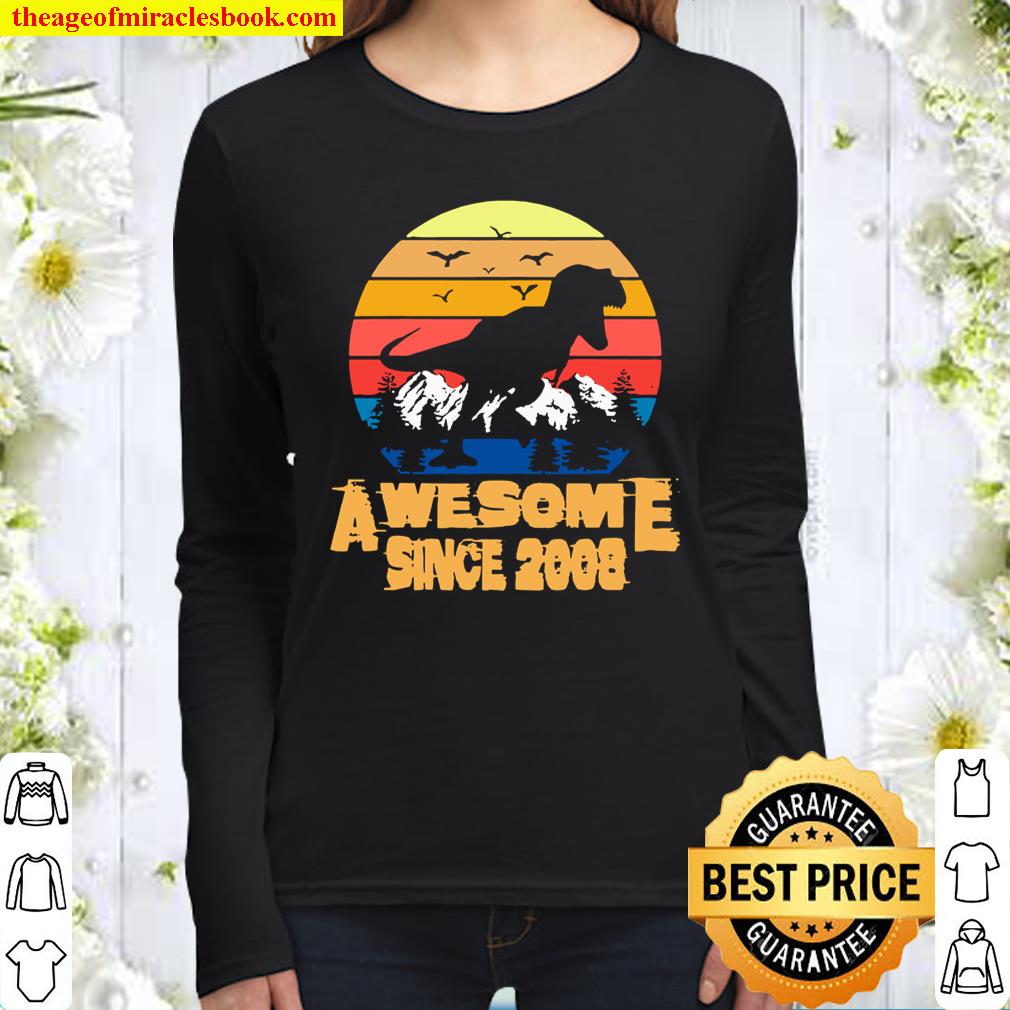 Vintage Awesome since 2008 13 Year Old 13th Birthday Gift For Dinosaur Women Long Sleeved