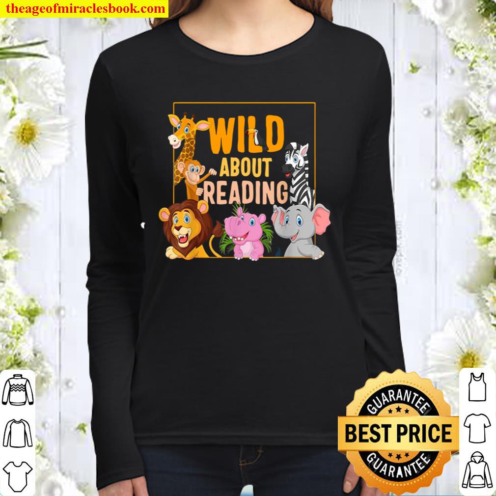 Wild About Reading Cute Zoo Animals Books Lover Students Women Long Sleeved