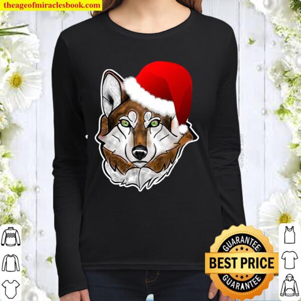 Wolf Santa Hat Christmas Gift For Wolves Lovers Women Long Sleeved