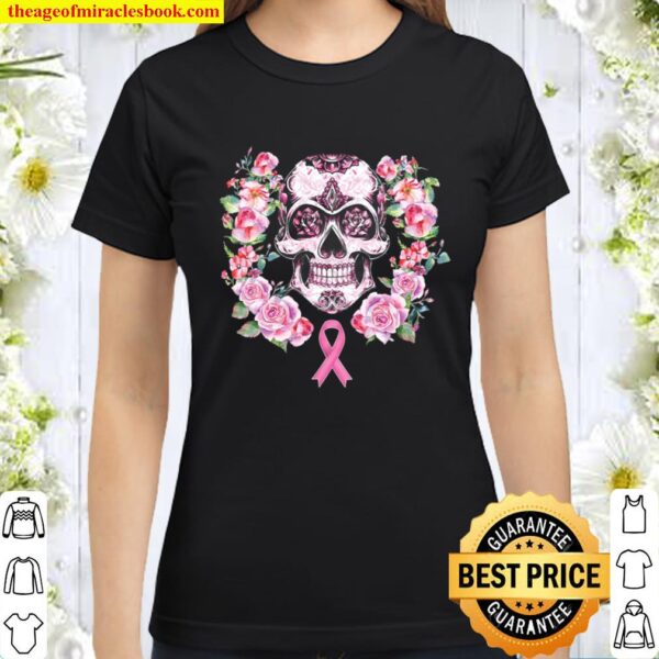 Womens Breast Cancer Pink Ribbon Sugar Skull Shirt For Women V-Neck Classic Women T-Shirt