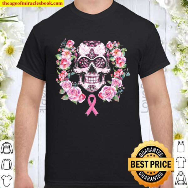 Womens Breast Cancer Pink Ribbon Sugar Skull Shirt For Women V-Neck Shirt