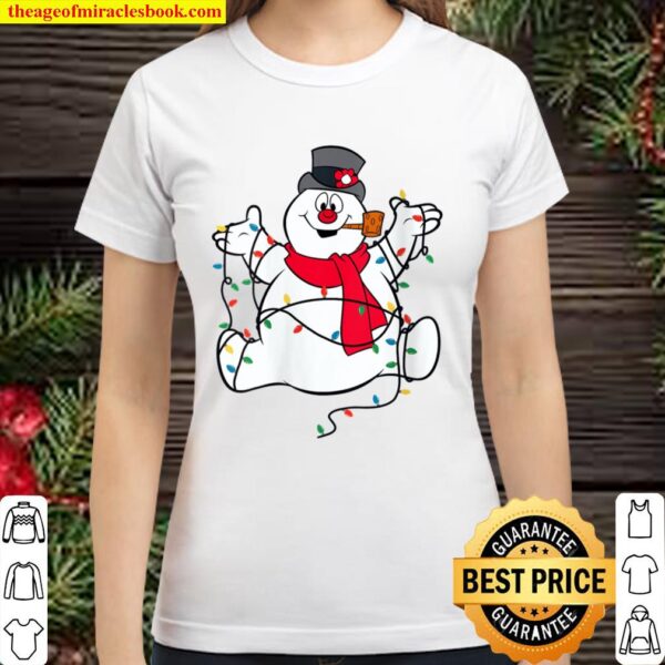 Womens Frosty The Snowman Christmas Lights Portrait V-Neck Classic Women T-Shirt