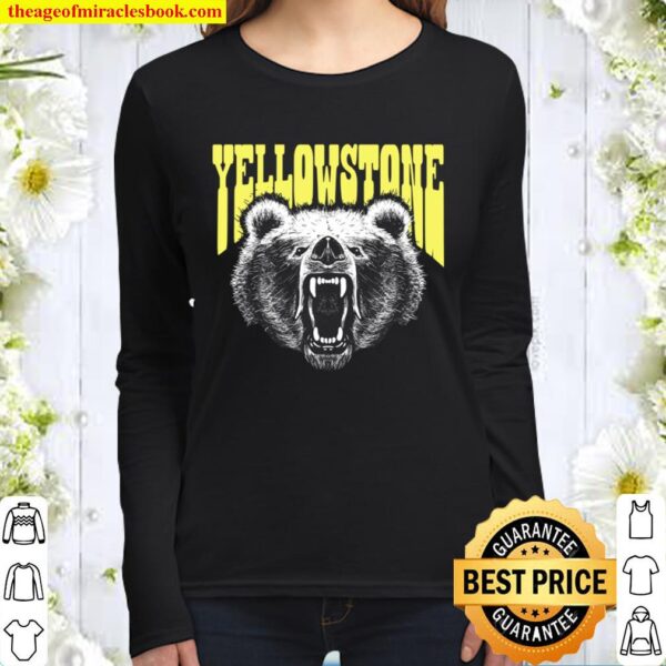 Yellowstone Growling Grizzly Bear Illustration Retro Vintage Women Long Sleeved