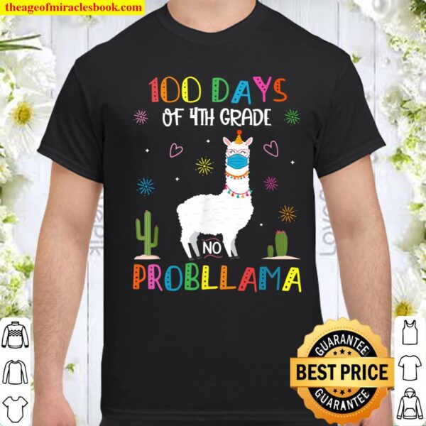 100 Days Of 4Th Grade No Probllama Llama Mask Quarantine Shirt