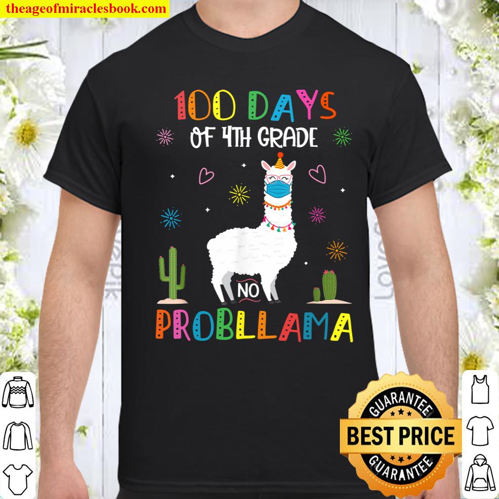 100 Days Of 4Th Grade No Probllama Llama Mask Quarantine T-Shirt