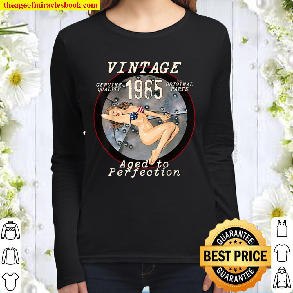 1985 Bomber Nose Art Hot Pinup 36th Birthday Gift Distressed Women Long Sleeved