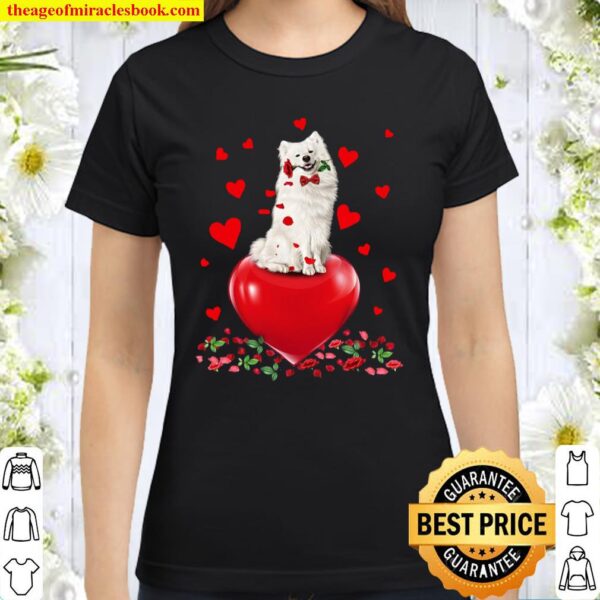 American Eskimo Dog Holding A Rose In Mouth Heart Valentine’s day Classic Women T-Shirt