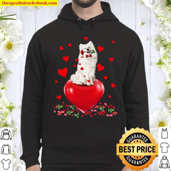 American Eskimo Dog Holding A Rose In Mouth Heart Valentine’s day Hoodie
