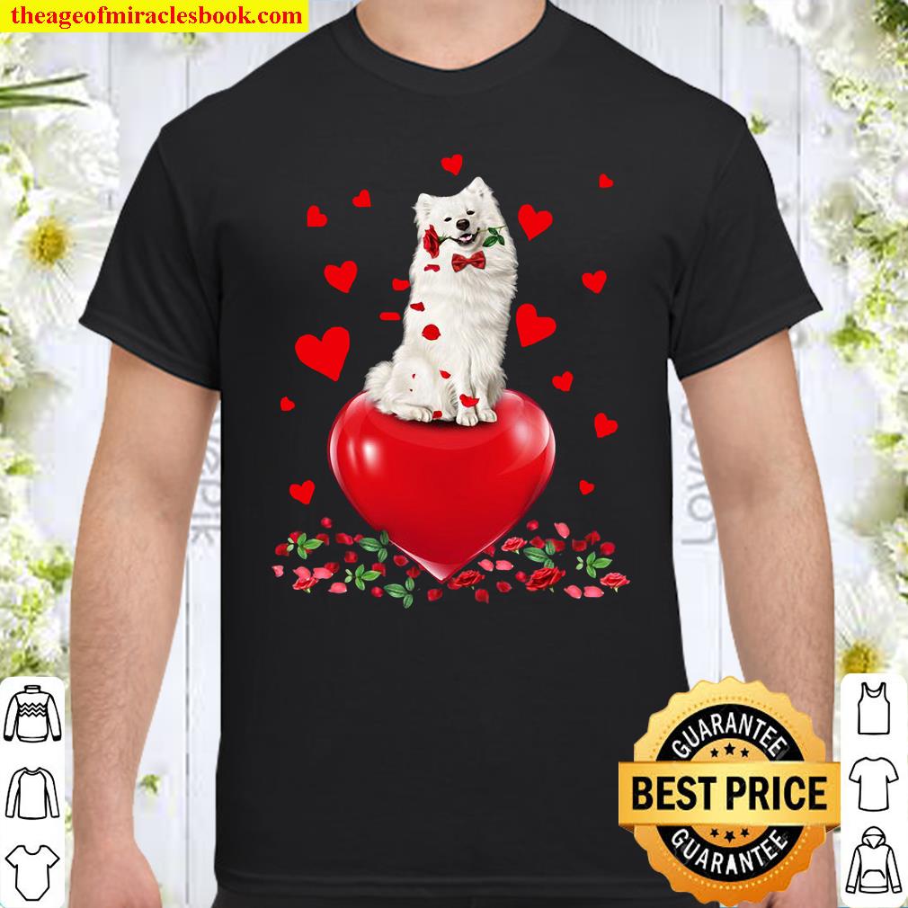 American Eskimo Dog Holding A Rose In Mouth Heart Valentine’s day shirt