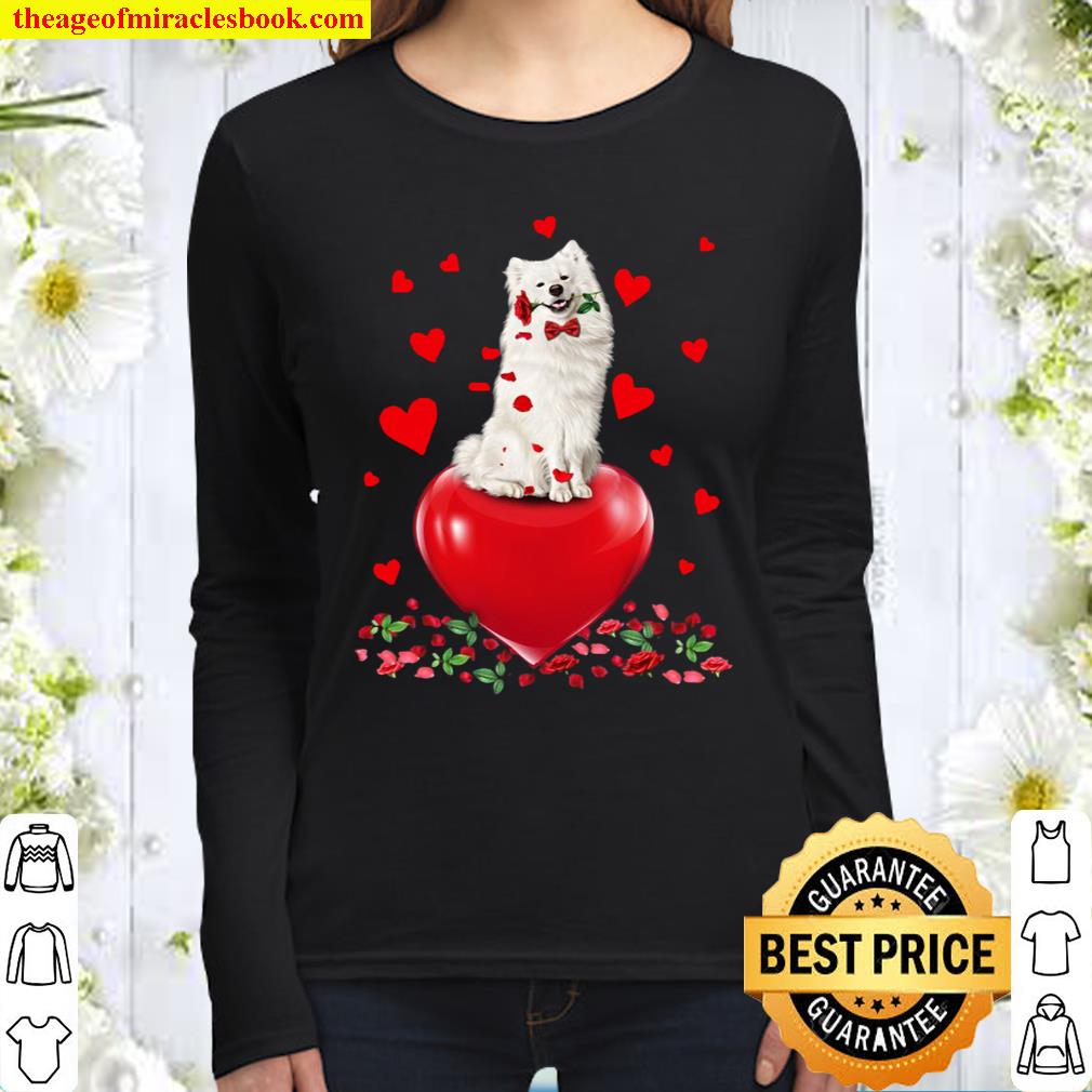 American Eskimo Dog Holding A Rose In Mouth Heart Valentine’s day Women Long Sleeved