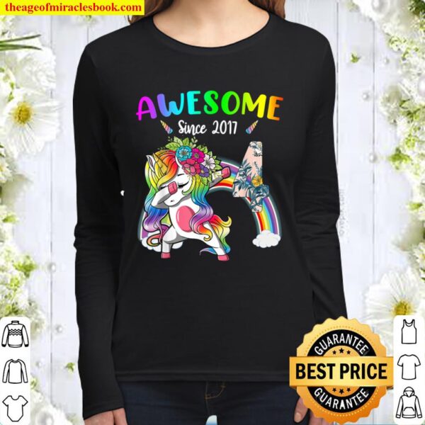 Awesome 4 Since 2017 Dabbing Floral Unicorn 4Th Birthday Women Long Sleeved