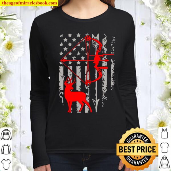 Bow Hunting American Flag Deer For Arrow Hunters Pullover Women Long Sleeved