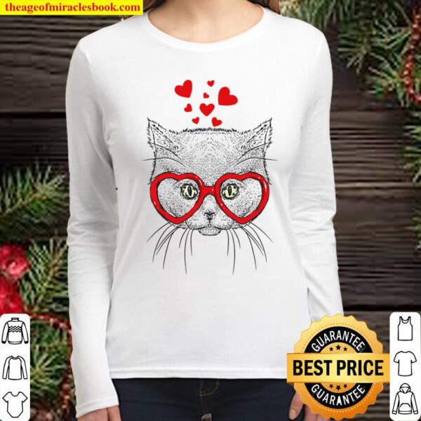 Cat Sunglasses Heart Funny Cute Kitten Valentine Gift Women Long Sleeved