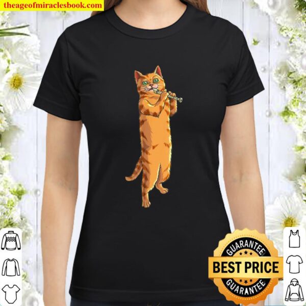 Funny Cat Playing Recorder Cool Animal Musician Love Classic Women T-Shirt