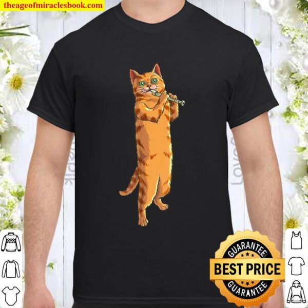 Funny Cat Playing Recorder Cool Animal Musician Love Shirt