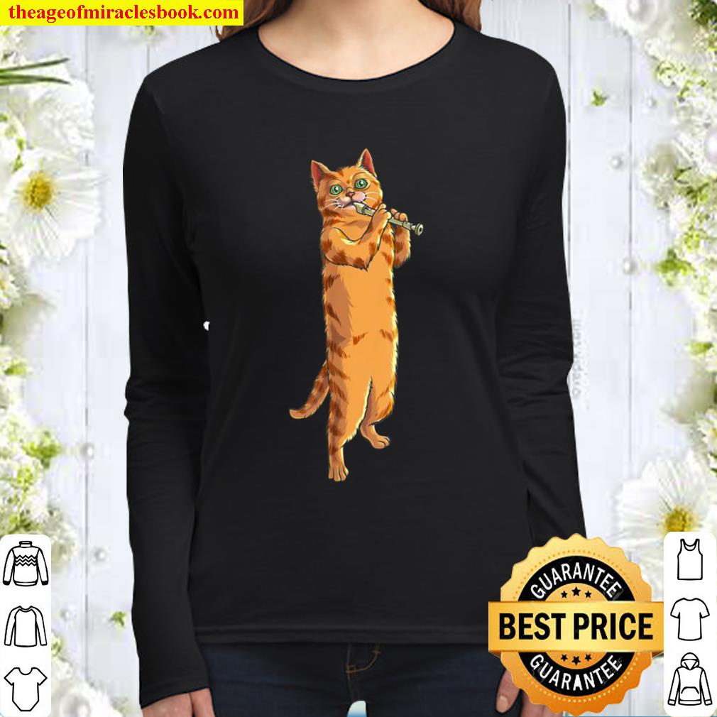 Funny Cat Playing Recorder Cool Animal Musician Love Women Long Sleeved