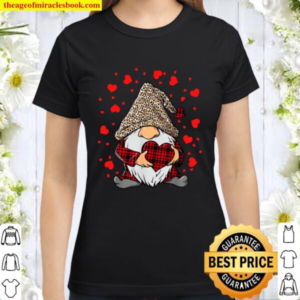 Gnomes Holding Heart Leopard Happy Valentine_s Day Tee Classic Women T-Shirt