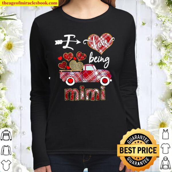 I Love Being Mimi Red Plaid Truck Hearts Valentine_s Day Women Long Sleeved