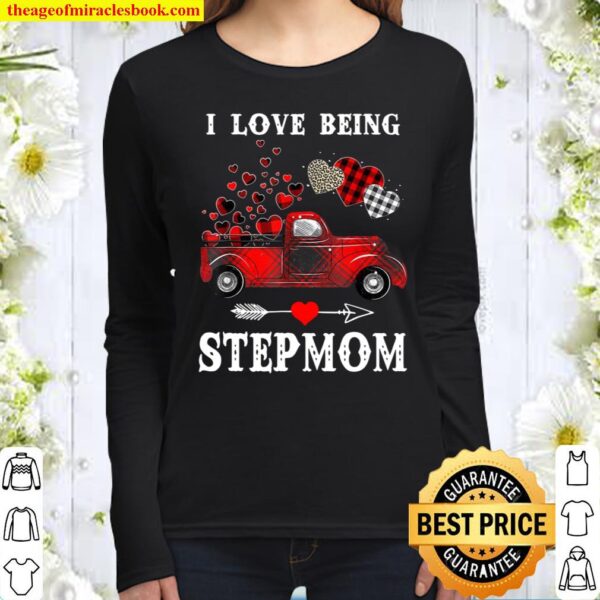 I Love Being Stepmom Red Plaid Truck Hearts Valentine’s Day Women Long Sleeved