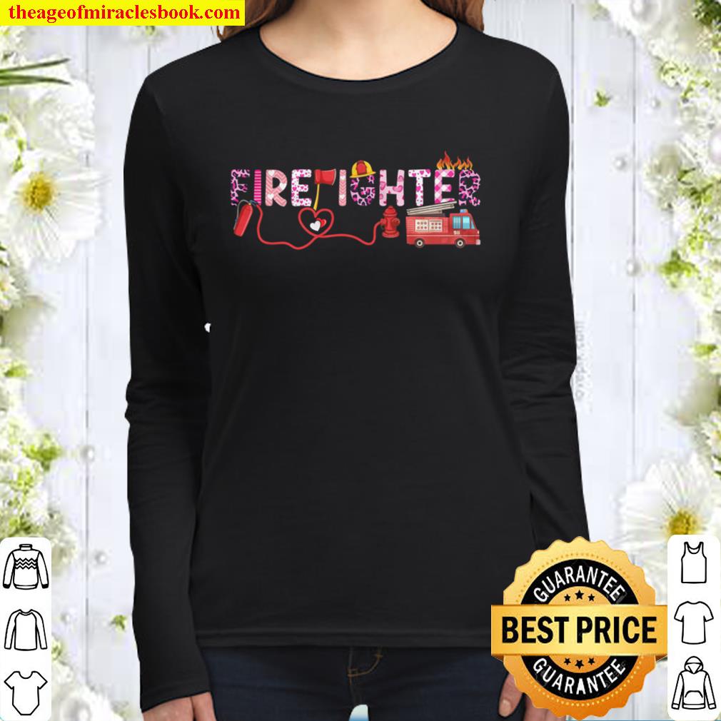 Love Pink Firefighter Happy Valentine Day Awesome Funny Gift Shirt Ide Women Long Sleeved