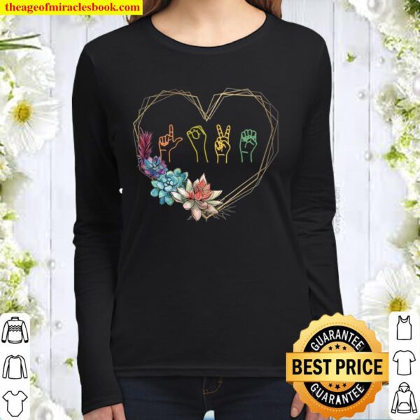 Love Sign Language Floral Heart Asl Valentine’s Day Gift Women Long Sleeved