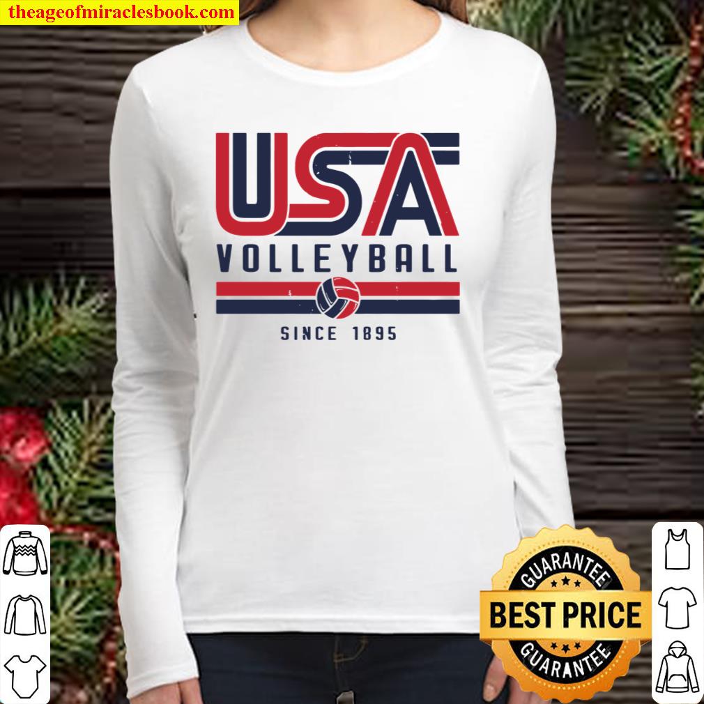 Usa Distressed Effect Classic Volleyball Design Red And Blue Pullover Women Long Sleeved
