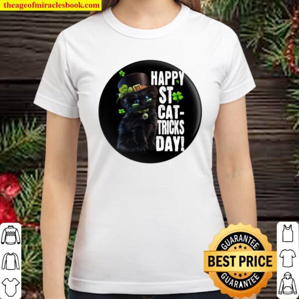 Womens Black Cat Leprechaun Happy St. Catricks Day Irish Shamrock Classic Women T-Shirt