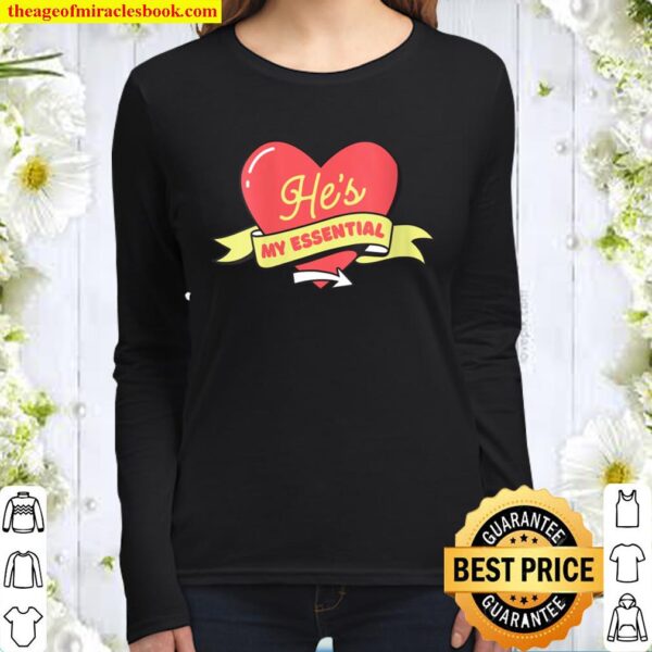 Womens He_s My Essential Heart Valentine Day Gift For Her V-Neck Women Long Sleeved