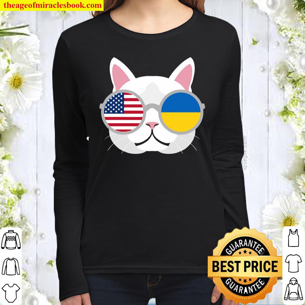 Funny Proud Ukrainian American Cat Ukraine Usa Flag Gift Women Long Sleeved