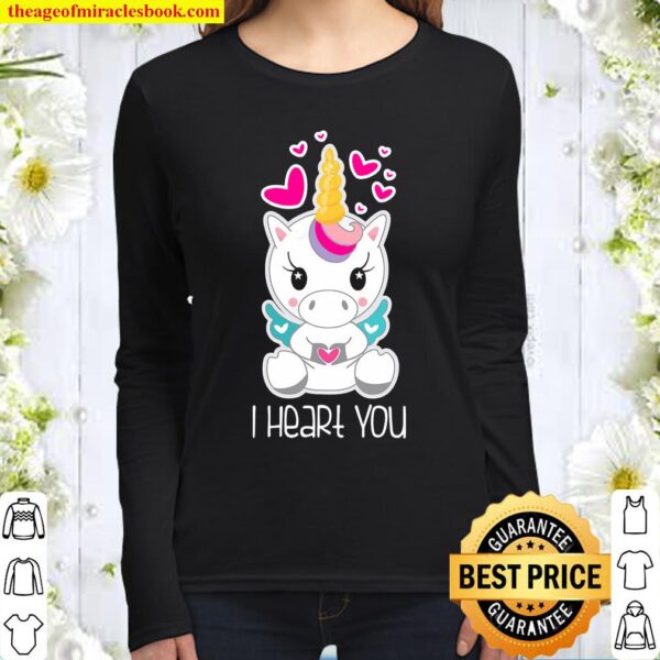 Girls Cute Unicorn I Heart You Shirt Gift For Valentines Day Women Long Sleeved