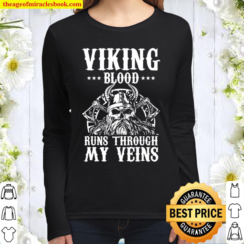 Mens Viking Blood Runs Through My Veins Quote Norse Myth Lover Women Long Sleeved