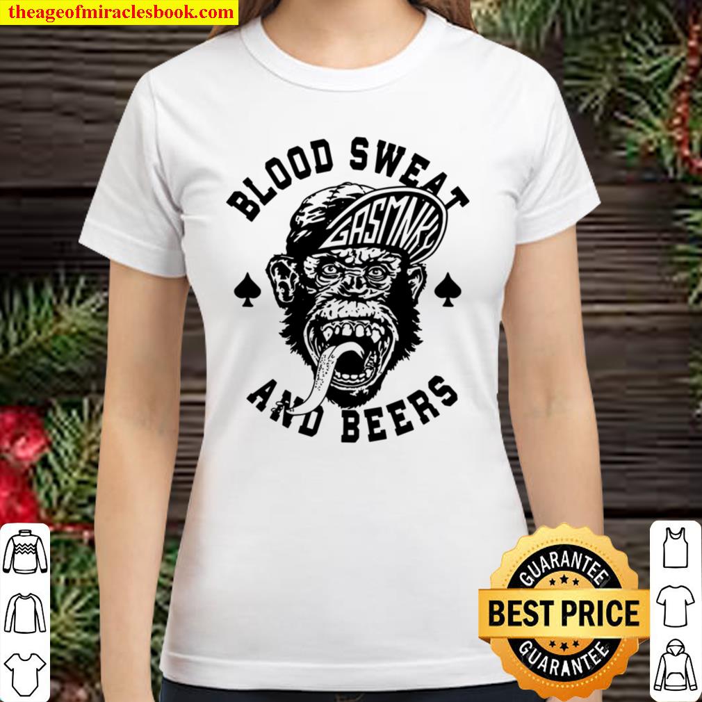 Womens Monkey Garage Blood Sweat And Beers Cool Hat Poster V-Neck shirt, hoodie, tank sweater