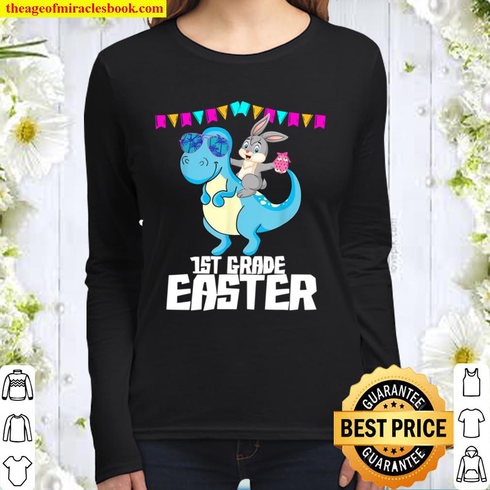 1st First Grade Easter Trex _ Bunny Carrying Chocolate Egg Women Long Sleeved
