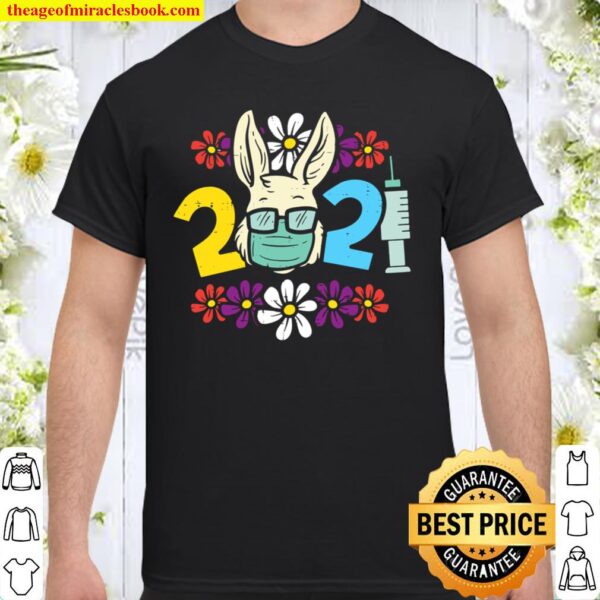 2021 Easter Bunny In Mask Flowers Funny Rabbit Quarantine Shirt