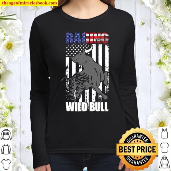 American Flag Bull Rodeo Cowboy Western Country Wild Retro Women Long Sleeved