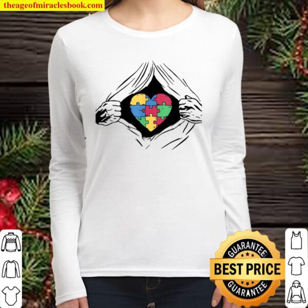 Autism Heart Puzzle Rip Open Reveal Blue Women Long Sleeved