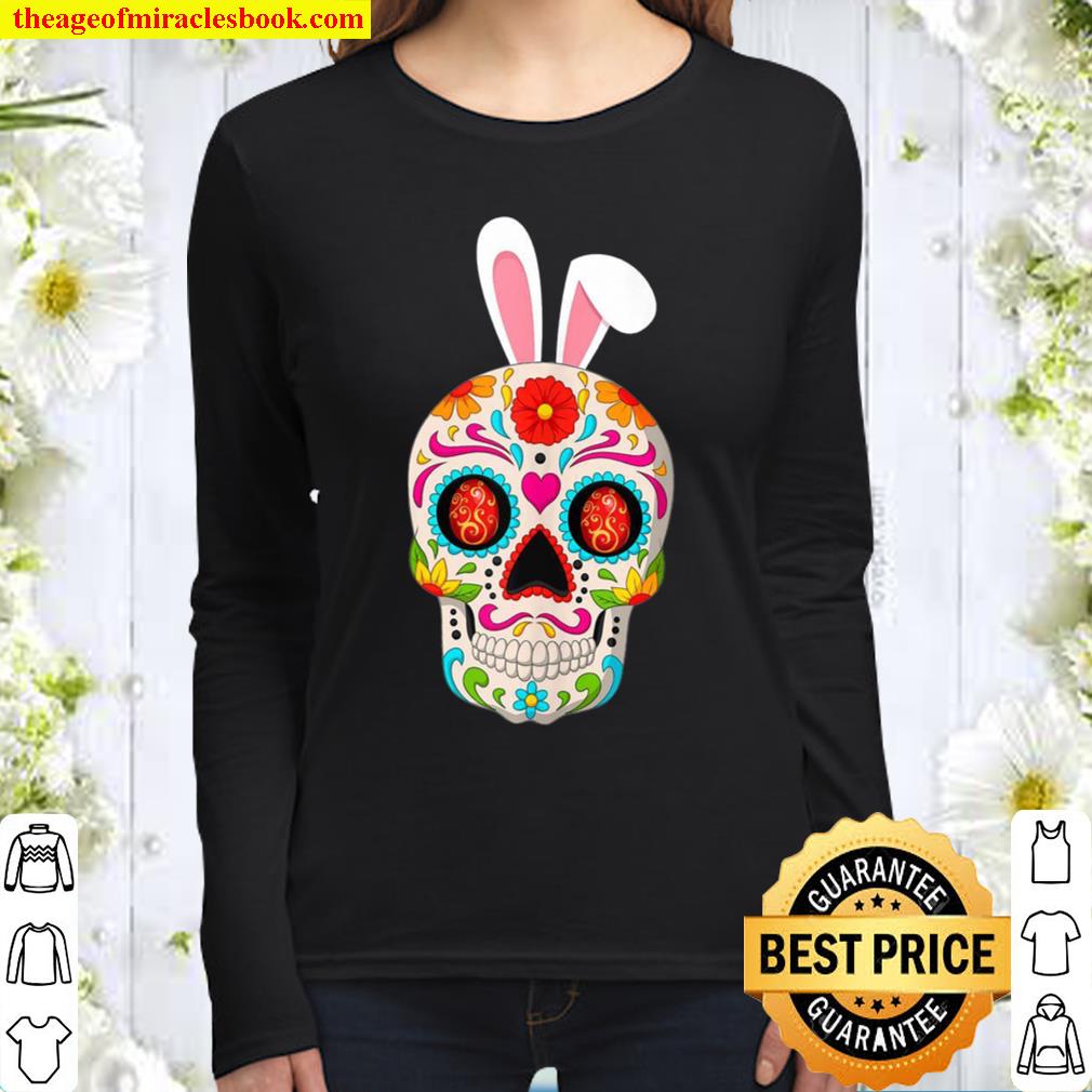 Easter Sugar Skull With Bunny Ears And Easter Eggs Women Long Sleeved
