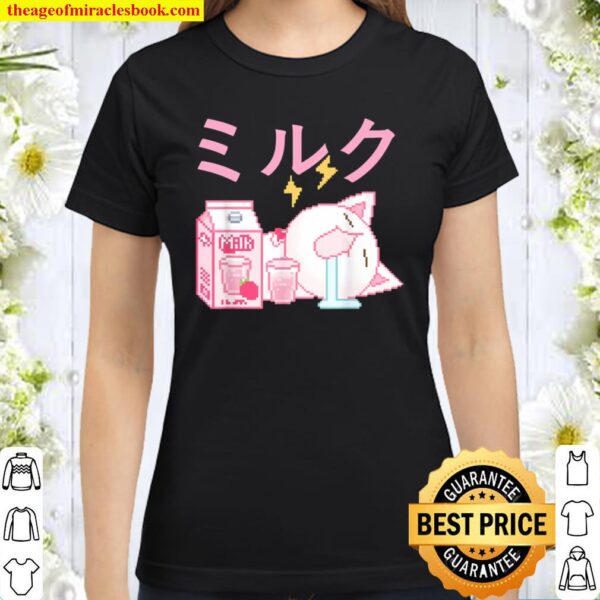 Funny Retro Japanese Kawaii Strawberry Milk Shake Cat Pixel Classic Women T-Shirt