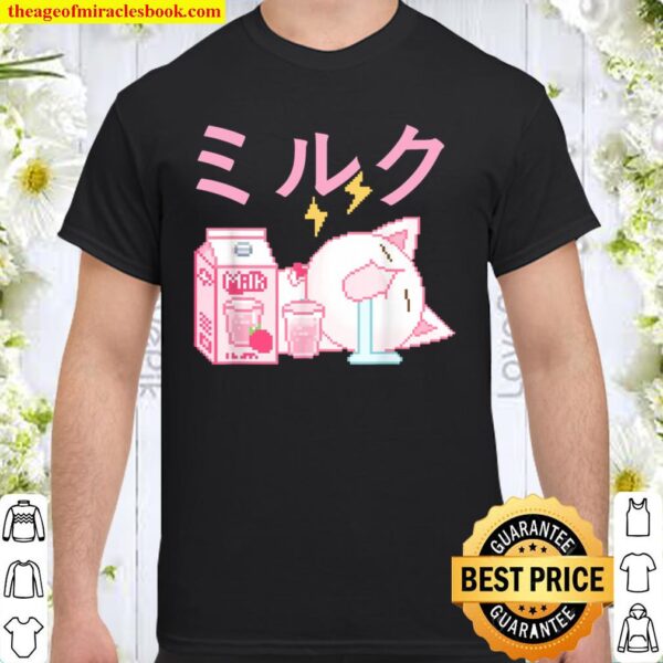 Funny Retro Japanese Kawaii Strawberry Milk Shake Cat Pixel Shirt