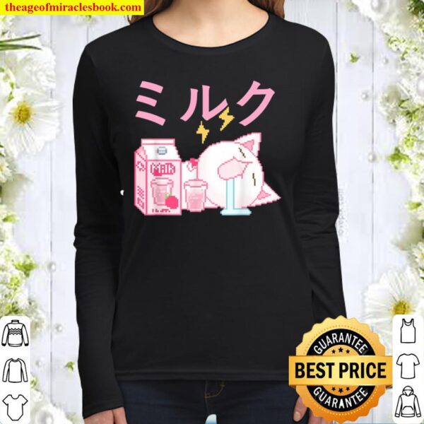 Funny Retro Japanese Kawaii Strawberry Milk Shake Cat Pixel Women Long Sleeved