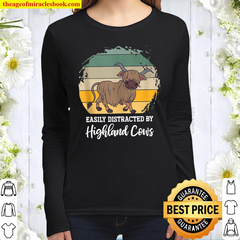 Funny Scottish Farmer Easily Distracted By Highland Cow Women Long Sleeved